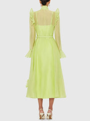 Solid Color Patchwork 3D Flowers Stand Collar Flare Sleeve High Waist Spliced Sashes Midi Dress