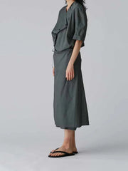 Spliced Button Swinging Collar Half Sleeve High Waist Loose Dress