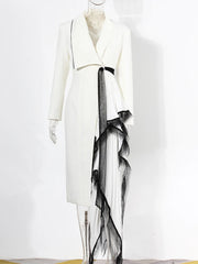 Spliced Mesh Chic Blazer Lapel Long Sleeve Spliced Button Elegant Long Dress