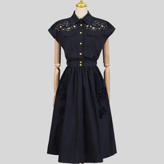 Hollow Out Chic Two Piece Sets Lapel Short Sleeve Spliced Button Tops High Waist Long Skirt Elegant Set