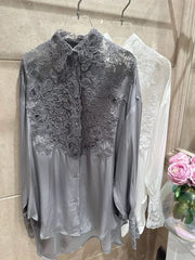 Hollow Out Lace Embroidery Turn-down Collar Single Breasted Long Sleeve Silk Top
