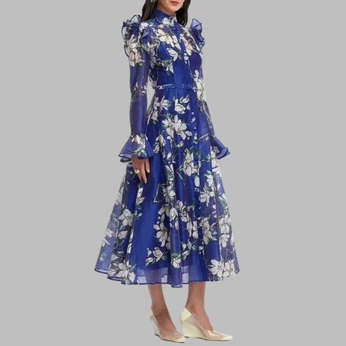 Chiffon Printing Mid Length Stand Collar Spliced Ruffle Long Sleeve High Waist Dress