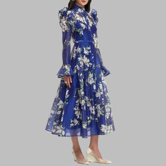 Chiffon Printing Mid Length Stand Collar Spliced Ruffle Long Sleeve High Waist Dress