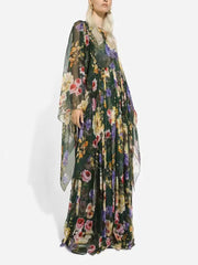 Printing bat sleeve flowing long dress