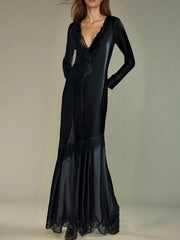 Spliced Lace Elegant V Neck Long Sleeves Dress