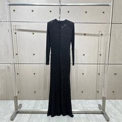 Rhinestone Pleated Round Neck Long Hollow Cut Dress