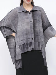 Solid Straight Grid Stand Collar Long Sleeve Patchwork Button Top