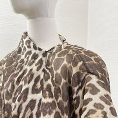 Linen Silk Bow Tie Turtleneck Brown Leopard Print Full Lantern Sleeve Top