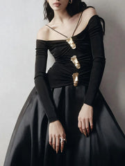 Elegant Patchwork Metal Strapless Off Shoulder Sleeve High Waist Dress