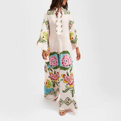 Ethnic Retro Spring Print Boho Long  Stand Collar Lace-up Party Long Sleeve Loose  Maxi Dress