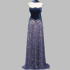 Luxury Beaded Blue Velvet Two-Piece with Scarf Evening Dress