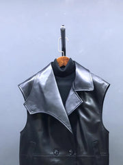 Genuine Leather  Vest Suit Collar Sleeveless Jacket Double Breasted Waistcoat