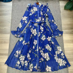 Chiffon Printing Mid Length Stand Collar Spliced Ruffle Long Sleeve High Waist Dress