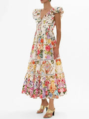 Vintage Print Fly-sleeve V-neck elastic high-waisted dress