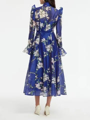 Chiffon Printing Mid Length Stand Collar Spliced Ruffle Long Sleeve High Waist Dress