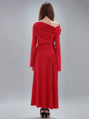 Slask Neck Flare Sleeves Waist Retraction Spliced Pleated Ankle-length Dress