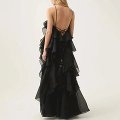 Solid Slimming Elegant Sleeveless Patchwork Ruffles High Waist Dress