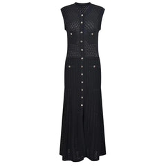 Sleeveless Round Neck Slim Fit Knitted with Metal Button front pleated midi Dress