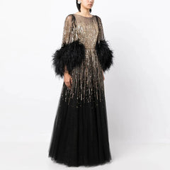 Luxury Feathers Black Half Sleeve Dress