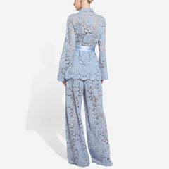 Two Piece Set Lapel Long Sleeves Spliced Single Breasted Top High Waist Patchwork Hollow Out Pant Set