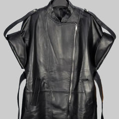 Genuine Leather Suit Collar  Short Sleeves Zipper Sashes Pocket Jackte