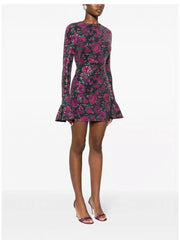 Full body sequins banquet backless floral print round neck long sleeve mini dress