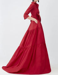 Long Red Taffeta with Pockets A-Line V-Neck Watteau Train Dress