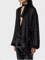Chic Spliced Crocodile Pattern Blouse V Neck Long Sleeved Shirt