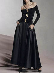Elegant Patchwork Metal Strapless Off Shoulder Sleeve High Waist Dress