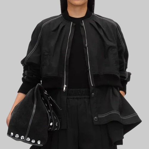 Layered Stand Collar Spliced Loose Jacket