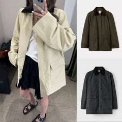 Corduroy Turn-Down Collar Long Sleeve Ladies Loose Coat