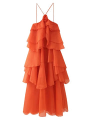 Solid Spliced Ruffles Halter Sleeveless High Wasit Backless Loose Dress