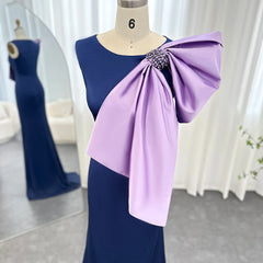 Navy Blue Satin Mermaid  with Lilac Bow Formal Dress