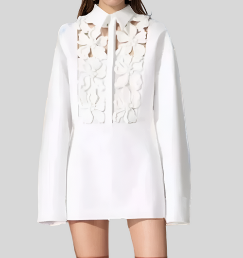 Hollow Out Lapel Long Sleeve Spliced Appliques Elegant Dress