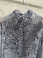 Hollow Out Lace Embroidery Turn-down Collar Single Breasted Long Sleeve Silk Top