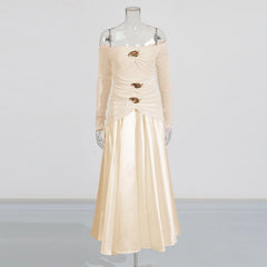 Elegant Patchwork Metal Strapless Off Shoulder Sleeve High Waist Dress