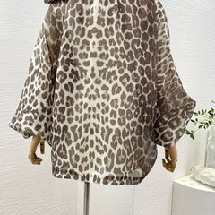 Linen Silk Bow Tie Turtleneck Brown Leopard Print Full Lantern Sleeve Top