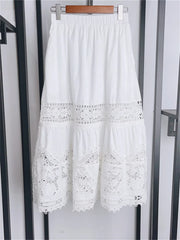 Embroidery Hollow Out Set O-Neck Sleeveless Single Breasted Blouse or Sweet A-Line Midi Skirt Set