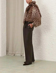 Linen Silk Bow Tie Turtleneck Brown Leopard Print Full Lantern Sleeve Top