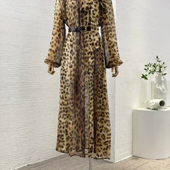 Leopard High Quality Full Lantern Sleeve Lace-up Bow Belted Vintage Midi Dresses