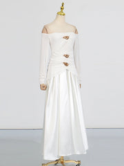 Elegant Patchwork Metal Strapless Off Shoulder Sleeve High Waist Dress