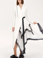 Spliced Mesh Chic Blazer Lapel Long Sleeve Spliced Button Elegant Long Dress