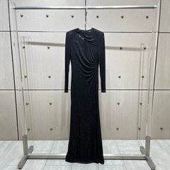 Rhinestone Pleated Round Neck Long Hollow Cut Dress
