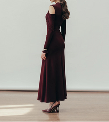 O-neck Hollow Out Pleated High Waist Elegant Knitted Dress