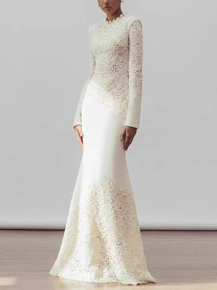 Vintage Elegant Solid Crochet Fishtail O Neck Long Sleeve High Waist M Knot Bene Vintage Elegant Solid Crochet Fishtail O Neck Long Sleeve High Waist M Knot Bene