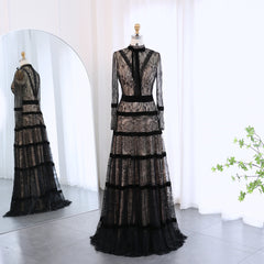 Elegant Black A-line Luxury Lace Tiered Dress