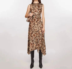 Printed Pleated Slim Irregular Casual Round Neck Sleeveless Dress