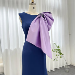 Navy Blue Satin Mermaid  with Lilac Bow Formal Dress