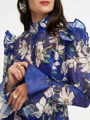 Chiffon Printing Mid Length Stand Collar Spliced Ruffle Long Sleeve High Waist Dress