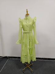 Solid Color Patchwork 3D Flowers Stand Collar Flare Sleeve High Waist Spliced Sashes Midi Dress